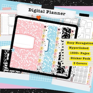 May include: Digital planner with a pink and blue cover featuring a black and white splatter design. The planner has over 1500 pages, a sticker pack, and 3 covers. It also features easy navigation and hyperlinked pages.