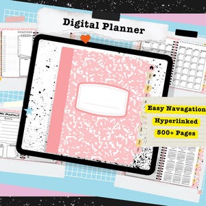 Puede incluir: Una agenda digital con un diseño de cubierta de cuaderno de composición rosa. La agenda incluye secciones para la planificación diaria, mensual y anual. El texto de la imagen dice "Digital Planner", "Easy Navigation", "Hyperlinked" y "500+ Pages".