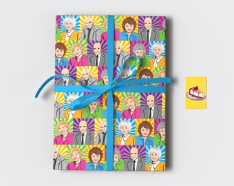 Golden Girls Wrapping Paper Sheets & Cheesecake Gift Tags • 27"x19" • Litho Printed Retro 80’s Pop Art Gift Wrap for Birthday, Fun Occasions