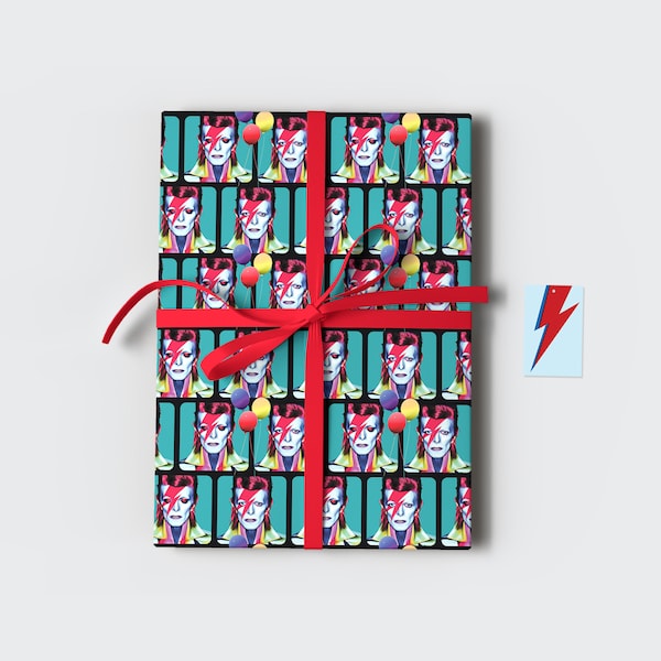 David Bowie wrapping paper sheets with gift tags • 27”x19” •  ziggy stardust gift wrap • colorful artistic • birthday retro vintage inspired