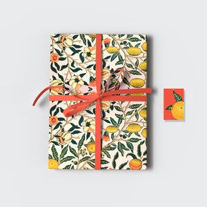 Feuilles de papier cadeau William Morris citron et étiquettes cadeaux assorties • 27 x 19 po. • Papier cadeau fruits imprimé lithographie • Décoration d'anniversaire pour pendaison de crémaillère