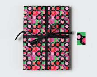 Retro Record Wrapping Paper Sheets & Matching Gift Tags • 27"x19" • Litho Printed Colorful Geometric Gift Wrap • Birthday Music Musician