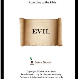May include: A framed image with the title "The Origin of Evil According to the Bible." The word "EVIL" is displayed prominently on a parchment scroll. The image includes the author's name and copyright information.