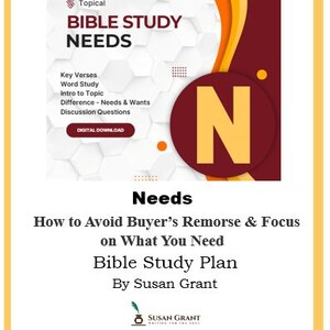 Op de afbeelding: Een digitale download getiteld "Bible Study Needs" met een bordeauxrood en oranje ontwerp. De cover bevat de teksten "Key Verses", "Word Study" en "Intro to Topic". De auteur is Susan Grant. De afbeelding is omlijst met een gele rand.