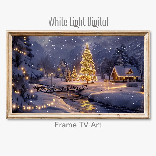 Snowy Christmas Eve Painting , Holiday Decor Frame Tv Art, Christmas Lights, Christmas Tree Wallpaper, Holiday Magic Decor, 10162