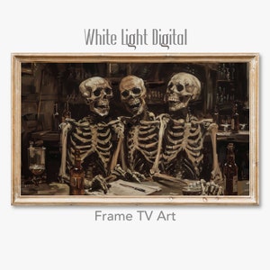 ハロウィーンの面白いスケルトンの飲酒絵画、サムスンフレームテレビ、マティーニウォールアート、バーカートの装飾、ダークアカデミアの装飾 10119