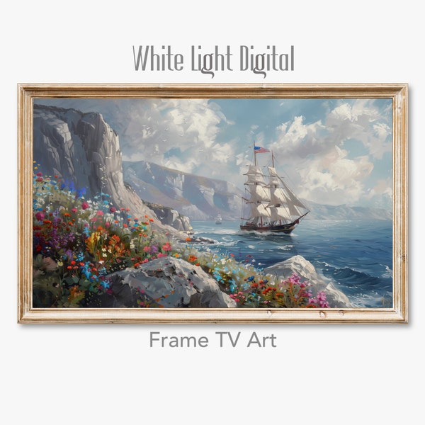 Samsung Frame Tv Art,  Fourth of July Coastal Wall Art Oil Painting, Red White & Blue Flowers, American Flag 10170
