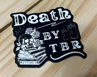 Pegatina divertida del libro "Muerte por TBR" para leer