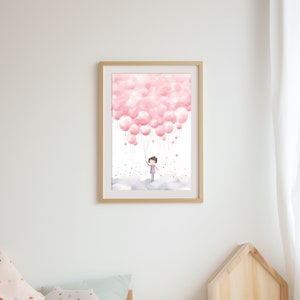 Chica con globos | Póster habitación infantil | Mural globos rosas | Impresión de póster minimalista ? Descarga digital | A3, A4 y A5
