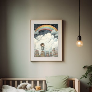 Póster de niña con libros para guardería | Fantástica decoración de pared | Cuadro de habitación de niña para imprimir.