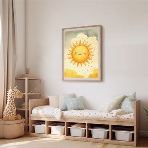 Póster de guardería con sol sonriente | Ilustración del sol como arte de pared | Decoración de pared con estampado de sol en colores pastel | Descarga digital A3
