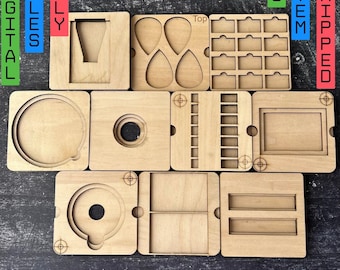 May include: A set of nine wooden templates for crafting, featuring various shapes and sizes. The templates are made of light brown wood and have a smooth finish. The templates are labeled "Top" and include a variety of shapes, including circles, squares, and rectangles.