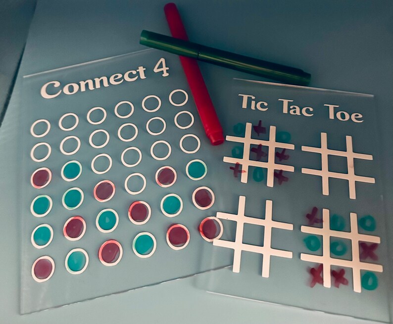 Custom Acrylic Dry Erase Board Games, Tic Tac Toe, Connect 4, Dot to Boxes, Hangman. Great