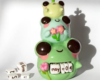 Handmade Clay Frog Perpetual Calendar: Whimsical Flower Desk Decor, Unique Office Accessory & Gift