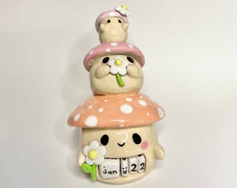 Handcrafted Perpetual Mushroom Calendar: Whimsical Clay Sculpture for Desk Decor & Cottagecore Lovers