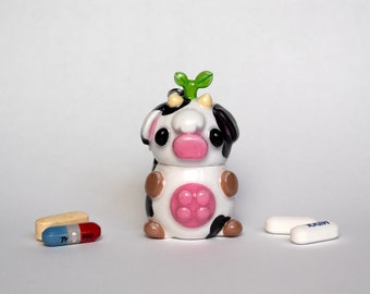 Handmade Cow Keychain Pill Holder: Cute Clay Travel Stash Jar for Medicine, Plants & Accessories