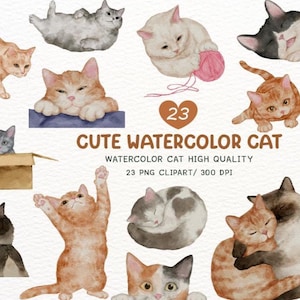 Cute Watercolor Cats and Kittens Clipart PNG, Hand Drawn Pet Illustrations for Sublimation, Sticker, Scrapbooking and Crafts, Commercial Use