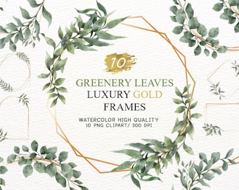 Luxury Greenery Watercolor Frame PNG, Gold Eucalyptus Wreath Clipart ...