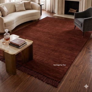 Terracotta Handloom Solid Rug | Deep Rust Wool Area Rug with Fringe | Minimalist Modern Boho Living Room Carpet | Custom Handwoven Rug
