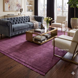 Solid Plum Handloom Rug, Minimalist Purple Area Rug with Fringes, Modern Boho Mauve Wool Carpet, Custom Living Room Rug, Soft Handwoven