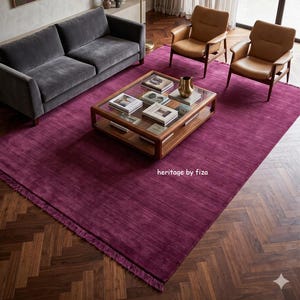 Handmade Plum Handloom Wool Rug - Solid Deep Purple Area Carpet for Living Room - Luxurious Minimalist Boho Rug, Custom Soft Fringed Mat