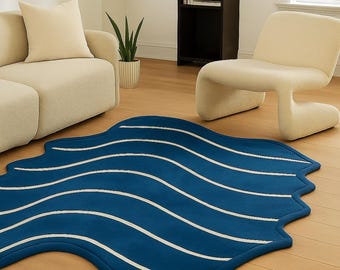 Dywan z wełny falowanej, tkany ręcznie | Dywan o organicznym kształcie i abstrakcyjnym kształcie | Nowoczesny, niebieski, designerski dywan do salonu i sypialni