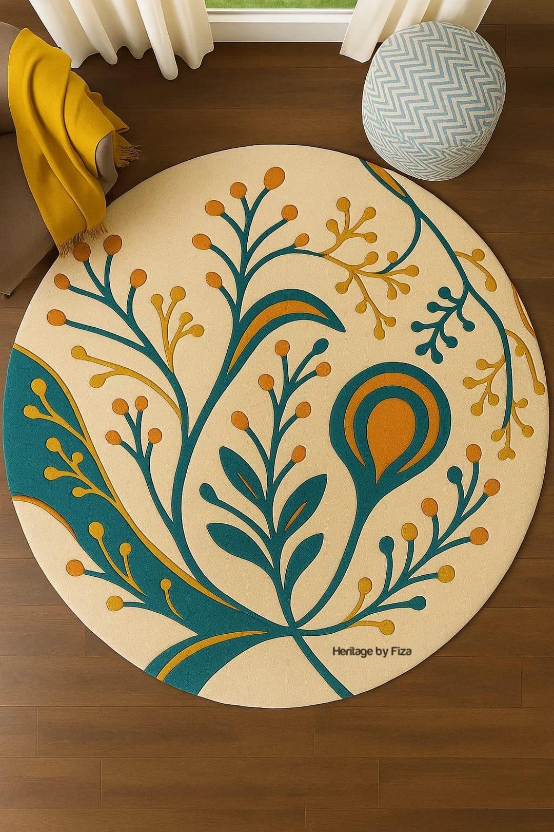 Botanical Round Rug – Hand Tufted Floral Carpet in Teal, Mustard ...