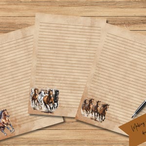 Papel de escritura imprimible con caballos al galope, cuaderno de papelería con páginas rayadas, descarga instantánea, papelería digital sin líneas en color marrón con acuarela