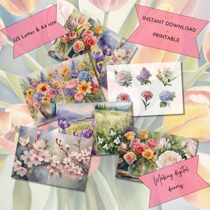 Páginas imprimibles con motivos florales para diario basura, magia de acuarela, colores pastel, cortes delicados, rosas, flores, flores de cerezo, papelería, álbum de recortes