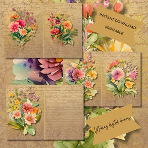 Diario Basura, Páginas Imprimibles, Flores De Acuarela, Forrado, Kit, Flores Silvestres, Suministro De Álbumes De Recortes, Digital, Papeles Antiguos, Vintage, Escritura A Mano