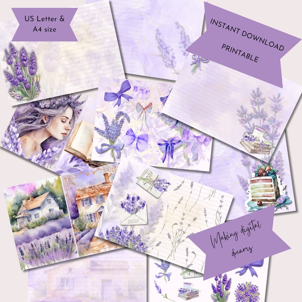 Junk Journal, Printable Pages, Watercolor Flowers Lavender, Lined, Kit, Purple, Scrapbook Supply, Digital, Cottage, Books, Coffee, Digital