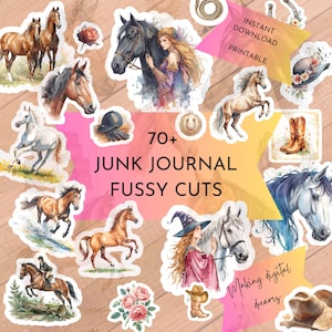 May include: A selection of over 70 watercolour-style horse-themed fussy cuts for junk journals. The images include various horse breeds, a cowgirl, and text that reads "Junk Journal Fussy Cuts" and "Instant Download Printable."