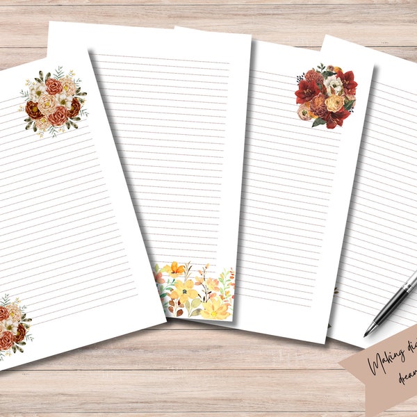 Printable Floral Writing Paper Lined Journal Page Stationery Notebook Instant Download Watercolor Brown Flowers Bouquet Digital Stationary
