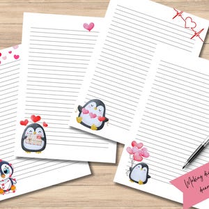 Papel de carta para impressão Dia dos Namorados Pinguins Corações Amor A4 Carta EUA Download instantâneo Papelaria digital Penpal pautado sem pauta Vermelho A5