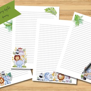 Papel de escritura imprimible Animales de safari Página de diario rayada sin raya Papelería Cuaderno Descarga instantánea Acuarela Lindo Papelería digital
