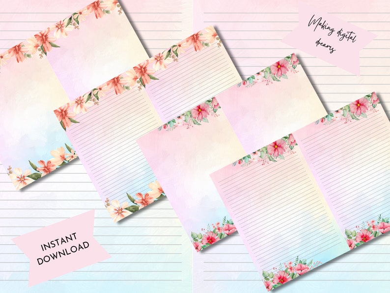 Floral Writing Paper: Watercolor Rainbow Stationery (digital Download ...