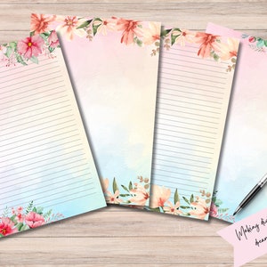 Papel de escritura con motivos florales para imprimir, hojas rayadas para diario, papelería, cuaderno, descarga instantánea, acuarela, colores del arco iris, papelería digital