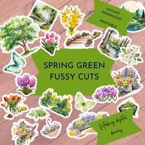 Cortes quisquillosos de primavera verde, páginas imprimibles de diario basura, bosque, mariposas, digital, descarga instantánea, tulipanes, árboles, jardín, pegatinas