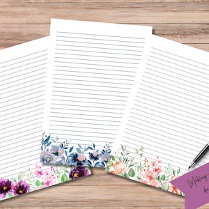 Papel de carta imprimible con borde floral, hojas rayadas, papelería, cuaderno, descarga instantánea, acuarela, flores, papelería digital, primavera