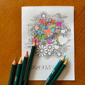 Tarjeta para colorear del día de Valenitne imprimible / Tarjeta de aniversario / Corazón floral / Descarga instantánea digital / Te amo / Diseño simple lindo / Imprimir