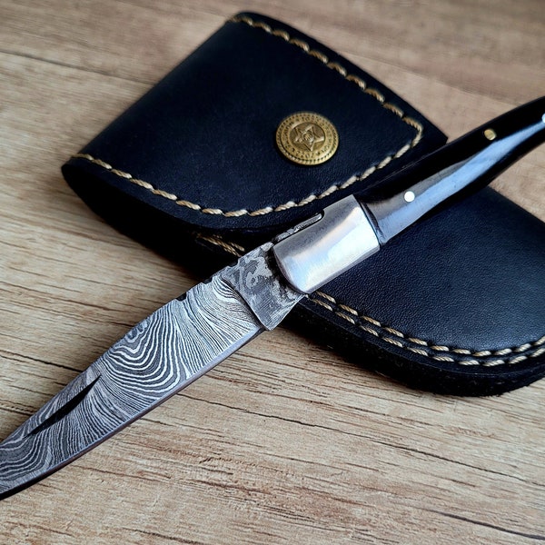 new folding hunting Damascus knife LAGUIOLE type with leather sheath, handmade