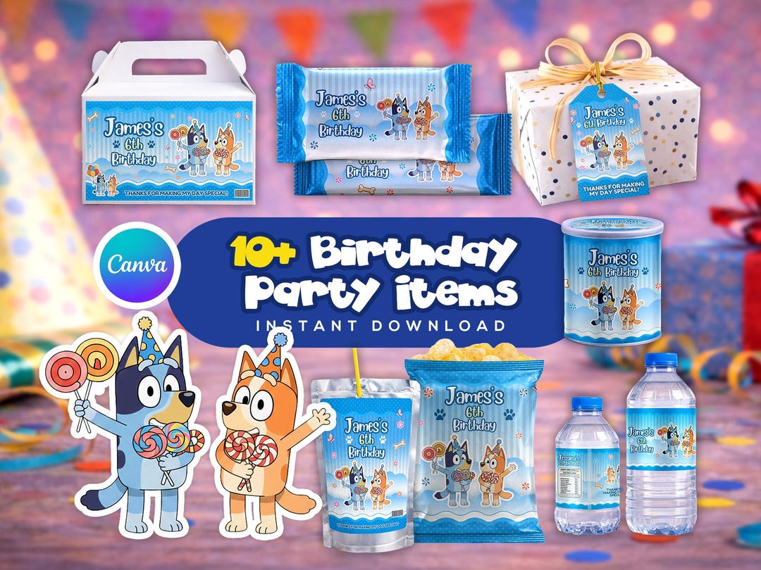 Blue Puppy Birthday Party Favor Bundle, Editable Cartoon Blue Dog Theme ...