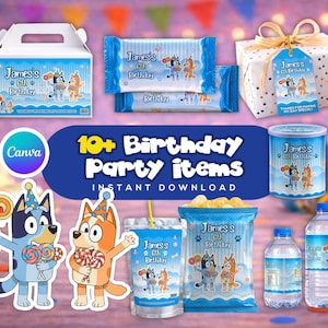 Blue Puppy Birthday Party Favor Bundle, Editable Cartoon Blue Dog Theme Party Decorations, Chip Bag Water Label Canva Template image 1