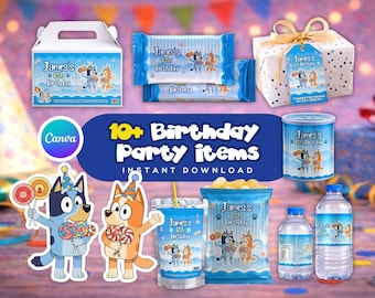 Blue Puppy Birthday Party Favor Bundle, Editable Cartoon Blue Dog Theme Party Decorations, Chip Bag Water Label Canva Template