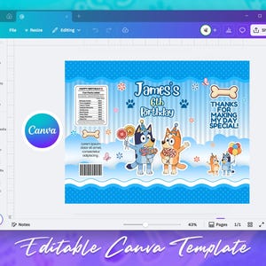 May include: A blue birthday-themed Canva template featuring cartoon dogs holding lollipops. The design includes text that reads "James's 6th Birthday" and "Thanks for making my day special!" with a nutrition facts label.