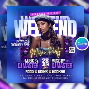 Może przedstawiać: Ulotka promocyjna na imprezę muzyczną z kobietą. Ulotka ma niebieskie i fioletowe gradientowe tło ze słowem "WEEKEND" dużymi białymi literami. Tekst zawiera "Music Party" i szczegóły wydarzenia.