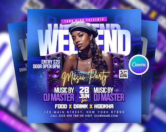 Editable Weekend Club Party Flyer Canva Template , DIY Party Canva Flyer, Digital Weekend Club Party Flyer, DJ Party Invite for Social Media