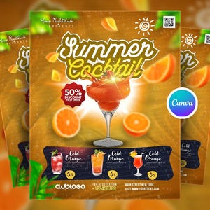 Modelo de panfleto de cardápio de coquetéis de verão editável no Canva, cardápio de bebidas de bar tropical, panfleto de bebidas para festas de verão, design de cardápio de restaurante no Canva