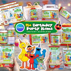 Pode incluir: Uma coleção de artigos de festa com o tema Sesame Street, incluindo etiquetas personalizadas para garrafas de água, sacos de snacks, sumos e barras, além de um convite, menu e folhas de atividades com Big Bird, Elmo e Cookie Monster.