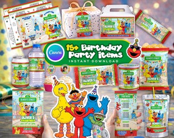Colorful Street Friends Birthday Party Favor Bundle 15+ Items, Chip Bag Invitation Coloring Pages Water Bottle Label Canva Template